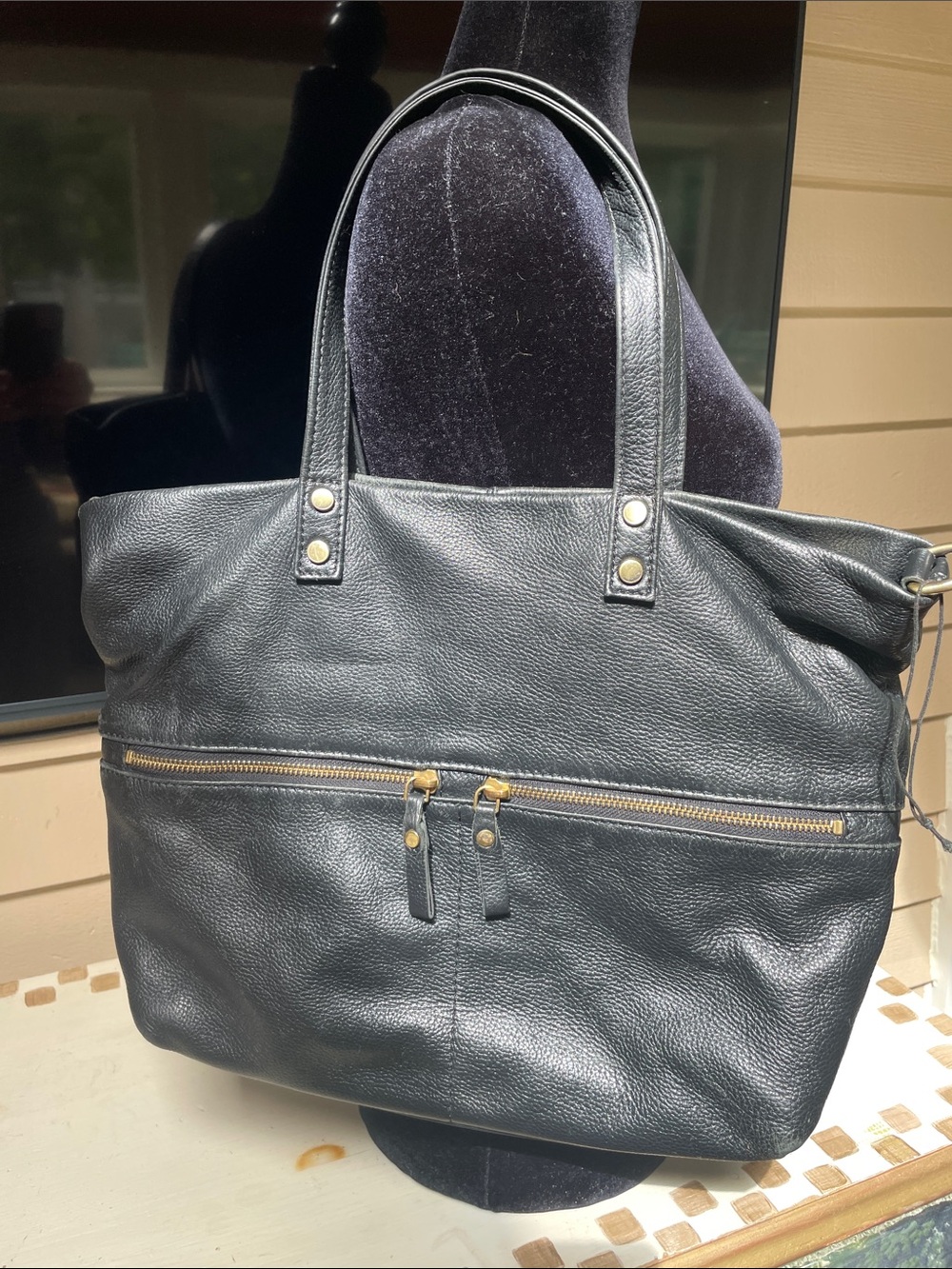 Aspen Black Leather Tote Bag with Front Zip Pockets